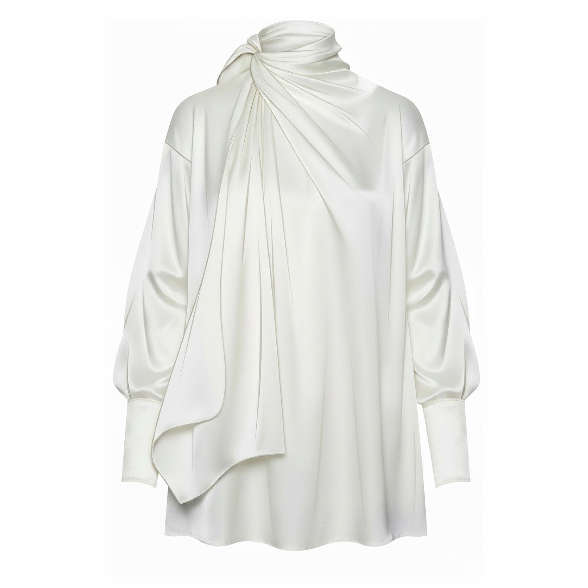 White long-sleeve top with a draped design on a white background