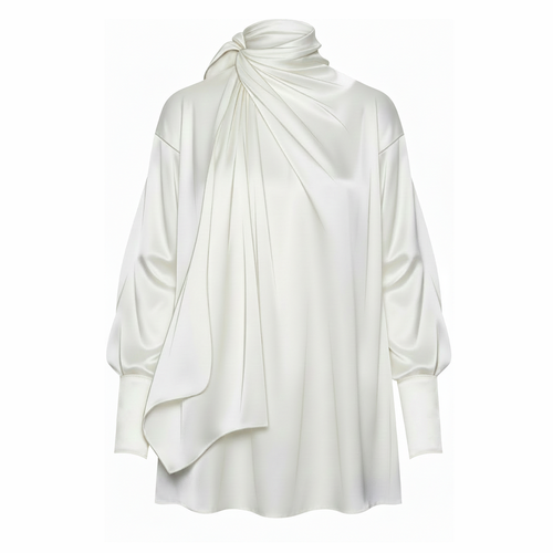 White long-sleeve top with a draped design on a white background